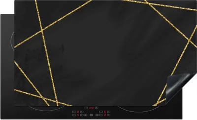 Produktbild von KitchenYeah© Herdabdeckplatte Geometrisches Muster aus goldenen Linien auf schwarzem Hintergrund , 91x52cm, Küche Deko, Glaskeramikkochfeld Herdabdeckung, Abdeckplatte fùr Kochfeld