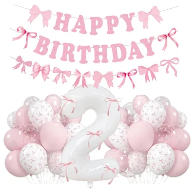 Productafbeelding van Verjaardagsdecoratieset - Met ballonnen en slingers - Voor themafeestjes - 50-delig, roze en wit