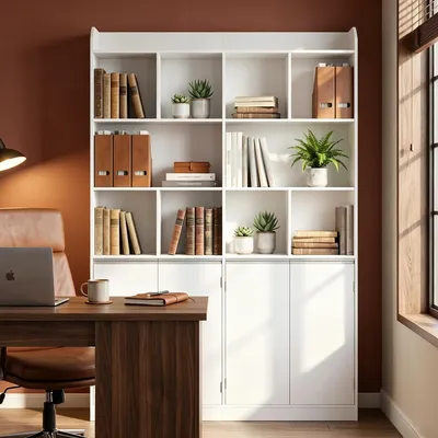 Produktbild von Bücherregal 10 Fächer 4 Türen Standregal, 30 x 120 x 180 cm, Weiß | freistehend, 4-türiger Unterschrank, Aufbewahrungsregal, für Wohnzimmer Büro