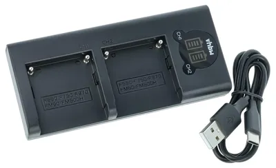 Produktbild von vhbw Dual Micro-USB + USB-C Ladegerät kompatibel mit Sony MiniDV DCR-TRV5, DCR-TRV320, DCR-TRV315 Kamera - Ladeschale + USB-C Kabel Ladeanzeige
