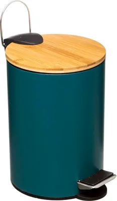 A teal pedal bin with a bamboo lid.