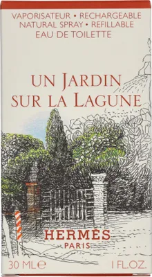 A box for Hermes perfume with an illustration of a garden scene.