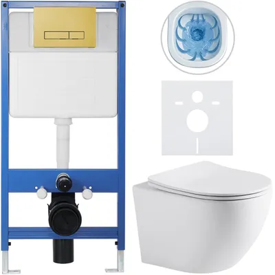 Obrázek produktu pro Kompletní podomítkový WC set Lite/Cesso - bílá matná - WC tlačítko Slim, zlatá - předstěnová instalace/sádrokarton - 49x36 cm