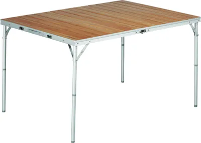 A camping table with a wooden top and silver legs, shown from a front-side angle against a white background.