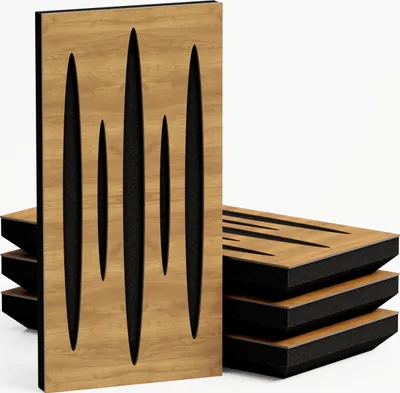 A stack of acoustic panels with a wood-grain finish and black sound-absorbing material.