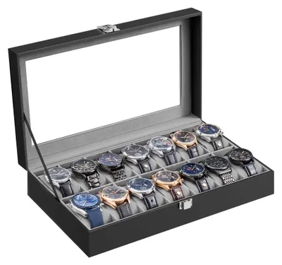 Produktbild von SONGMICS Uhrenbox für 14 Uhren mit Glasdeckel Kunstleder 34,8 x 20 x 7,5 cm Schwarz