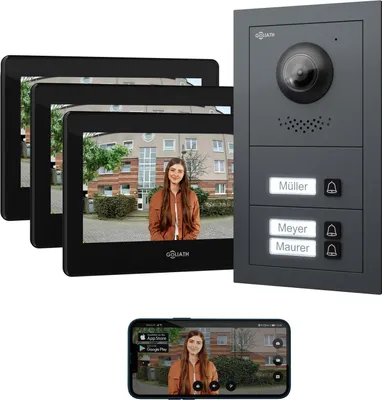 A collage showing a video intercom system with multiple indoor monitors and a smartphone displaying the app interface.