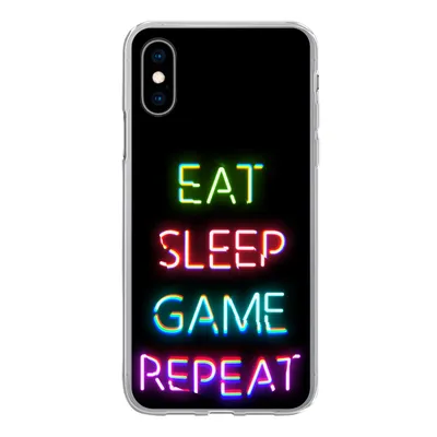 Produktbild von MuchoWow® Handyhülle Schutzhülle Hülle für iPhone X Gaming - Led - Zitat - Eat sleep game repeat - Gaming Silikon Softcase Handy Hülle - Handyhülle