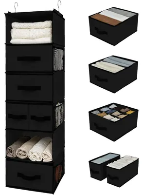 Produktbild von Hängender Kleiderschrank Organizer mit 5 Schubladen und 6 Seitentaschen, Schwarz