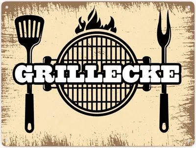 Produktbild von Grillecke Metallschild XXL mit Aufschrift, Grillrost, Grillbesteck Motiv