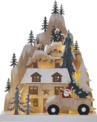LED Weihnachtslandschaft Holz, 22 cm, 2x AA, Innen, warmweiss, Timer