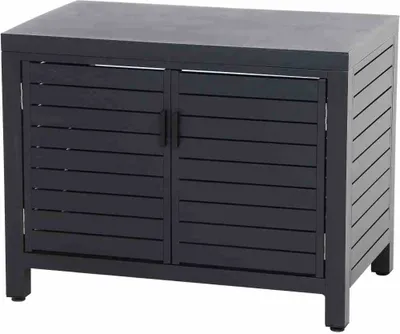 A dark gray outdoor kitchen cabinet with two doors and slatted detailing.