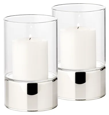 Windlicht-Set aus Glas, 2er-Set, Ø 9 cm, H 15 cm, silberner Fuß