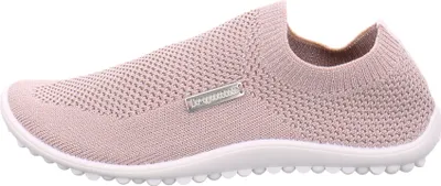 A side view of a single pink sneaker.