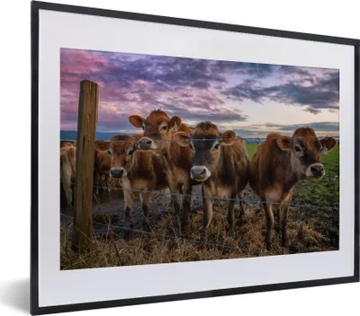 Produktbild von MuchoWow® MuchoWow® Gerahmtes Poster Kuh - Zaun - Himmel 40x30 cm - Poster mit zchwarzem Bilderrahmen - Bilderrahmen - Poster im Rahmen