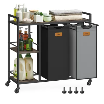 A laundry cart with two compartments, shelves, and various cleaning products.