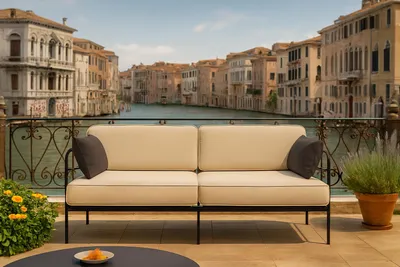 Produktbild von Beiges 3 Sitzer Gartensofa Teneryfa auf Metallgestell für die Terrasse