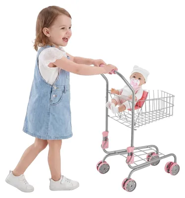 Zdjęcie produktu dla Wózek na zakupy dla dzieci VEVOR, zabawkowy wózek supermarketowy z rozkładanym siedziskiem dla lalek, stalową ramą i kółkami; składane akcesoria do zabawy w sklepik wraz z zestawem lalek; zabawy w sklepik dla dzieci od 3 lat