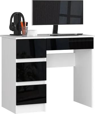 Produktbild von Computerschreibtisch – Schreibtisch – Bürotisch – Büroschreibtisch – 90 cm – Weiß / Schwarz Hochglanz – Kompakter Computertisch mit 4 Schubladen links