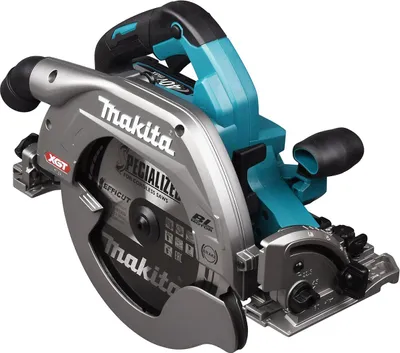 A close-up studio shot of a Makita cordless circular saw.