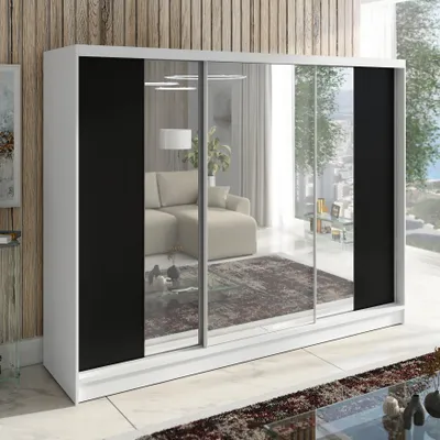 Produktbild von Schwebetürenschrank VIDA, 3-türig Schrank 200 cm Kleiderschrank mit Schubladen, und Spiegel