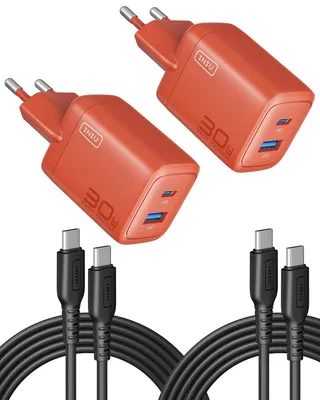 Image de Chargeur USB-C 30W, lot de 2, couleur orange, avec câble de 1,5 mètre