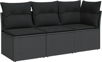 A black three-seater outdoor sofa with cushions, shown from the front.