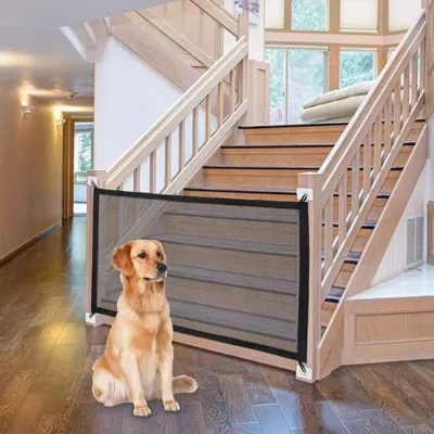 Produktbild von Mmgoqqt Schutzgitter, 75x180cm, abschließbar, tragbar, Hunde- & Baby-Sicherheitsgitter für Treppe, Tür, Innen- & Außenbereich, Nylonnetz, Schwarz, für kleine Haustiere, Set: 1 Netz, 2 Dehnstangen (15.5cm geschlossen, 72cm verlängert), 4 Klebehaken, 260g
