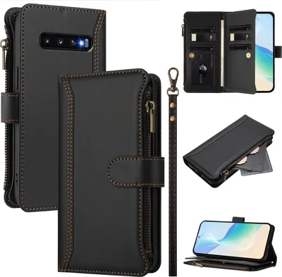 Obrázek produktu pro Pouzdro pro Samsung Galaxy S10, zipem, peněženkovéPolyuretankožené flip pouzdro s kapsami na karty, stojánkem a poutkem na ruku černý
