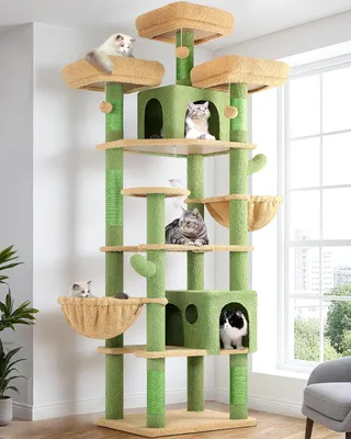 Imagen del producto de Árbol para gatos XXL, 209 cm de altura, color verde cactus. Gran estructura para gatos con 3 plataformas para descansar y dos casitas