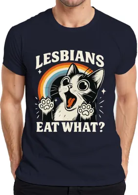 Zdjęcie produktu dla Lesbian eat what cat rainbow retro funny queer sweet bezczelna koszulka męska, granatowy, XL
