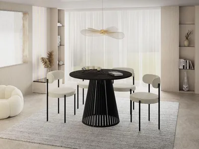 Produktbild von Esstisch Rund Ausziehbar mit Lamellen im Loft-Stil – 100 bis 180 cm – Industrieller Tisch mit Schwarzen Metallbeinen, Platzsparend für Wohnzimmer oder Esszimmer – Marmor Schwarz