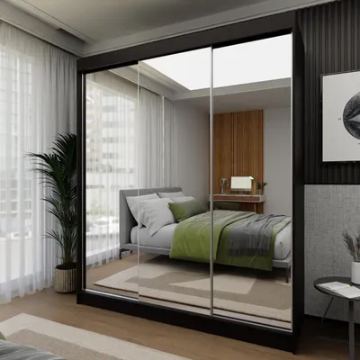 Zdjęcie produktu dla Szafa przesuwna 180cm Mirage Trzydrzwiowa czarna szafa z lustrami Garderoba z lustrem i półkami Lustrzana szafa przesuwna z wieszakiem Duża szafa z lustrem duża szafa z szufladami, Szerokość: 180cm, Kolor: czarny mat, Szuflady: 2 szuflady