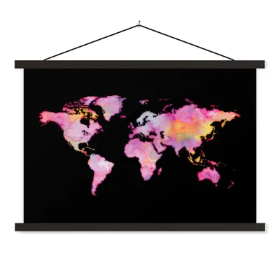 Produktbild von MuchoWow® Textilposter Weltkarte - Aquarell - Rosa 90x60 cm mit schwarzem Rahmen - Aufhängungssatz