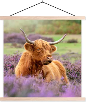 Produktbild von MuchoWow® Textilposter Schottisches Hochlandrind - Blumen - Licht 120x120 cm mit holzfarbenen Rahmen - Textil-Poster