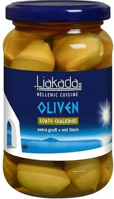 Produktbild von Liakada Grüne Oliven Sorte Chalkidiki extra groß mit Stein 200 G Glas  Vegan Glutenfrei Fruchtig, leicht bitter, würzige Note