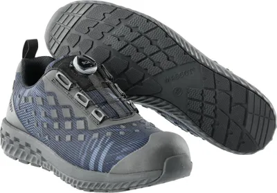 A pair of safety shoes, one shown from the side and the other from underneath.