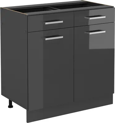 A dark gray kitchen base cabinet with two drawers and two doors, shown from the front.