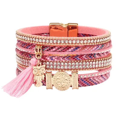 Produktbild von Lederarmband Damen, Mehrschichtiges Armbänder Leder mit Magnetschnalle, Boho Wickelarmband, Rosa