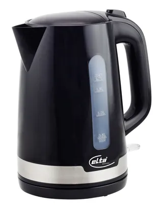 A black electric kettle with a silver base and a water level indicator.