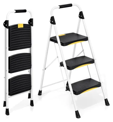 Produktbild von Klappbare Trittleiter mit 3 Stufen, belastbar bis 150 kg, Sicherheitsverriegelung, rutschfeste breite Pedale, Handlauf, kompakte Haushaltsleiter für Haushalt, Küche, Büro, Weiß
