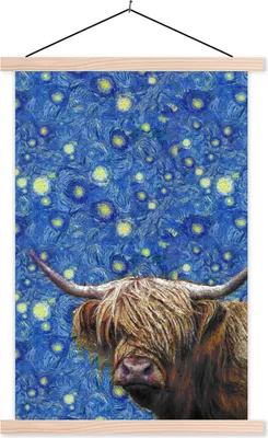 Produktbild von MuchoWow® Textilposter Van Gogh - Schottisches Hochlandrind - Sternennacht 120x180 cm mit holzfarbenen Rahmen - Textil-Plakat