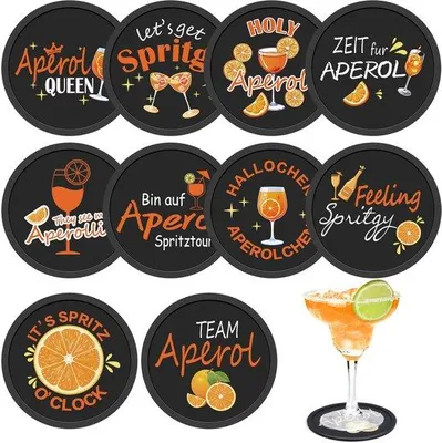 Productafbeelding van Siliconen ronde bordenonderleggers voor 10 Aperol-dranken, 10 cm groot, antislip, met grappige teksten, cadeau voor Aperol-liefhebbers, decoratie voor de tafel, geschikt voor feesten, carnaval