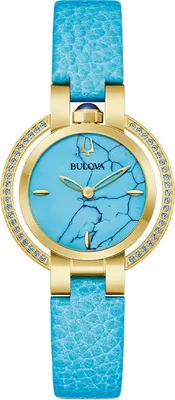 Produktbild von Bulova Rubaiyat Damenuhr, 30,5 mm Gehäuse, Gold, Türkisblau Zifferblatt, blaues Lederarmband, Saphirglas, 42 Diamanten