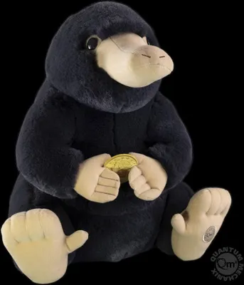 A plush toy of a Niffler from Fantastic Beasts, holding a gold coin.