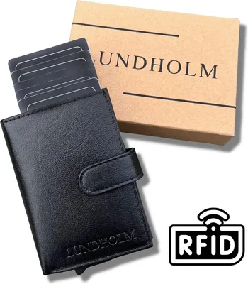 Obrázek produktu pro Lundholm Örebro: Kožené pouzdro na karty pro muže, černé, s peněženkou – ochrana proti RFID – výsuvný držák na karty z hliníku (pro 5 karet) – v dárkové krabičce