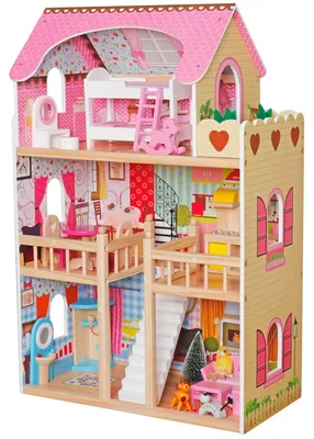 Obrázok produktu pre Drevený domček pre bábiky vedený XXXL 60x33x90cm + 3 bábiky + 2 zvieratká