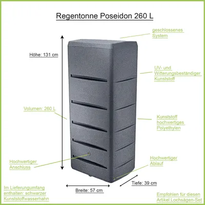 Produktbild von Regentonne eckig POSEIDON 260 L grau