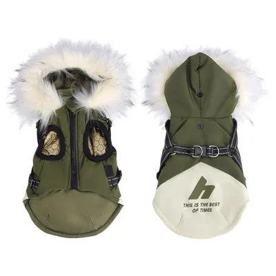 Produktbild von Warme Hundejacke mit Kapuze und Geschirr, Winter Hundemantel, Grün Größe L