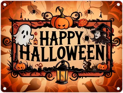 Produktbild von Happy Halloween Metallschild in 15x20 cm mit Geistern und Laternen
